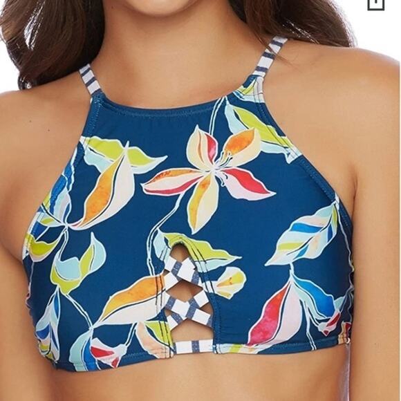 Splendid Tropical Navy High Neck Bikini Top NWT - Picture 1 of 11